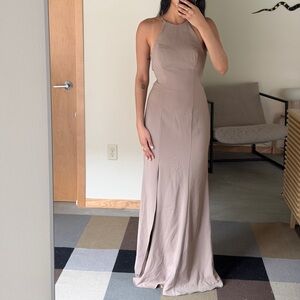 Bari Jay Taupe Halter Maxi Gown